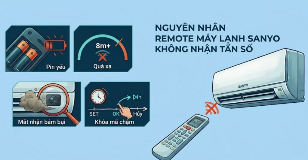 Nguyên nhân khiến remote máy lạnh Sanyo không nhận mã tần số