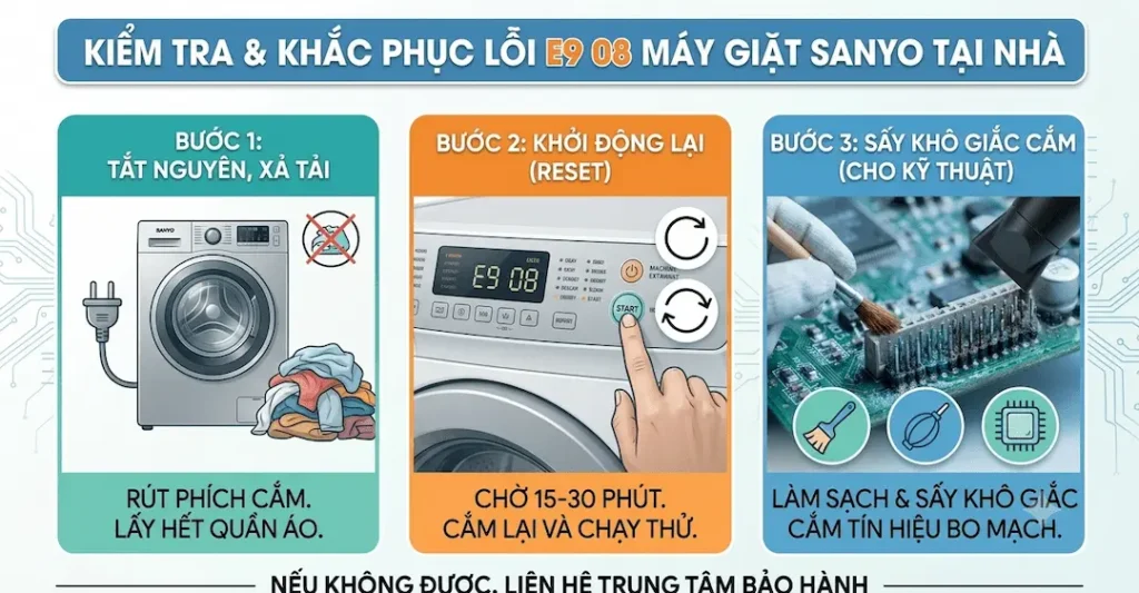 Hướng dẫn kiểm tra và khắc phục lỗi E9 08 máy giặt Sanyo tại nhà