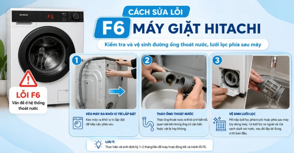 Kiểm tra và vệ sinh đường ống thoát nước, lưới lọc phía sau máy