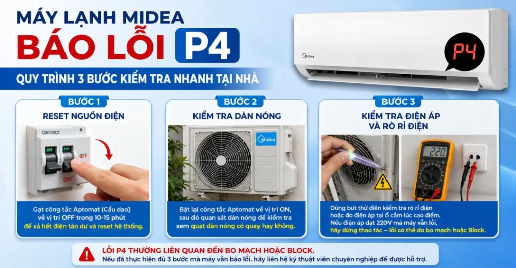 cách khắc phục lỗi P4 máy lạnh Midea