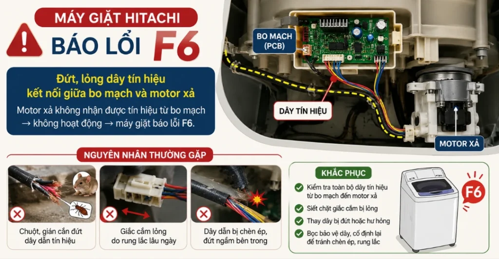 Đứt, lỏng dây tín hiệu kết nối giữa bo mạch và motor xả