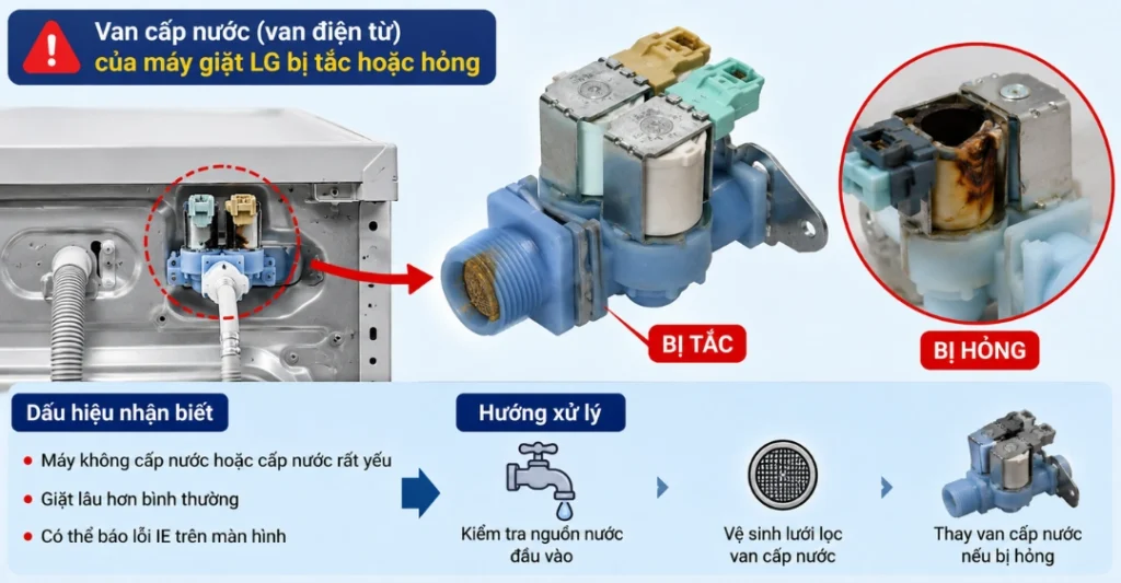 Van cấp nước (van điện từ) bị tắc hoặc hỏng