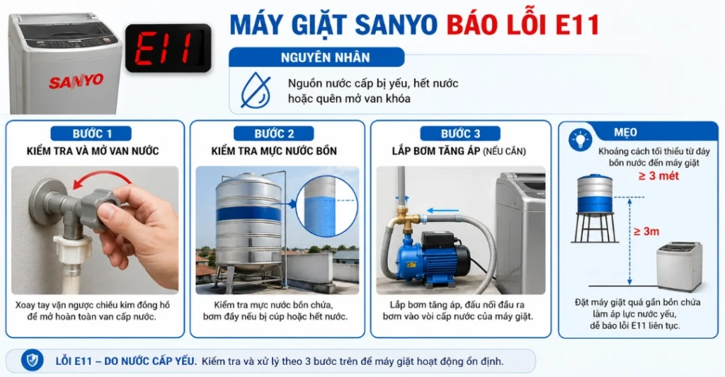 Nguồn nước cấp bị yếu, hết nước hoặc quên mở van khóa