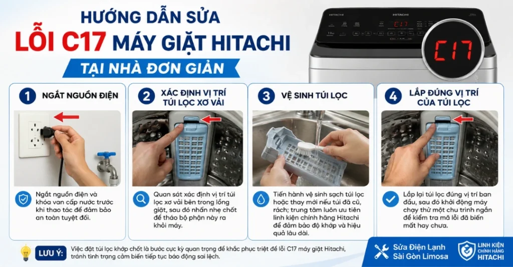 Hướng dẫn sửa lỗi C17 máy giặt Hitachi tại nhà đơn giản