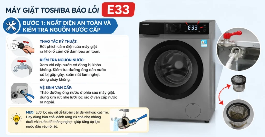 Sửa máy giặt Toshiba báo lỗi E33