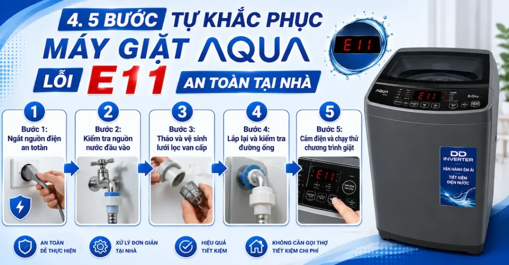 5 Bước tự khắc phục máy giặt Aqua lỗi E11 an toàn tại nhà
