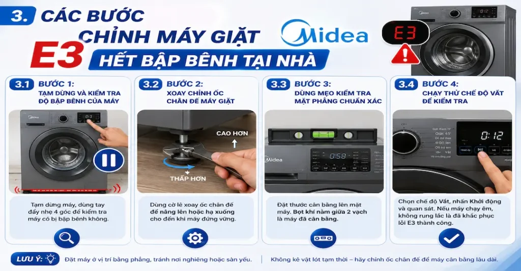 Các bước chỉnh máy giặt Midea lỗi E3 hết bập bênh tại nhà