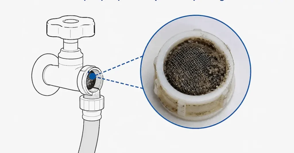 Lưới lọc cặn tại van cấp nước bị tắc nghẽn