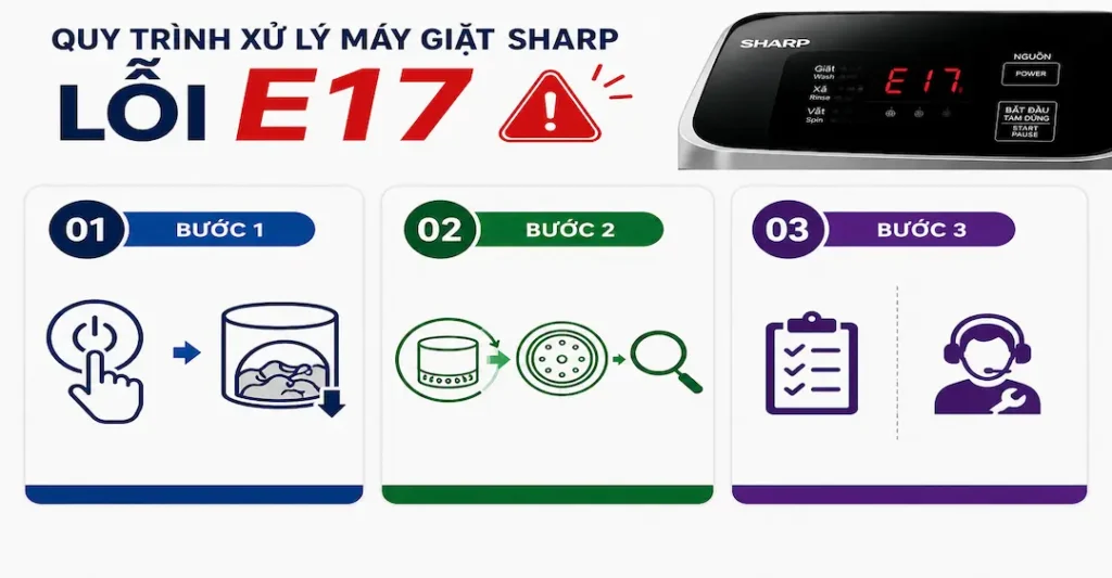 Quy trình xử lý máy giặt Sharp lỗi E17 từng bước an toàn
