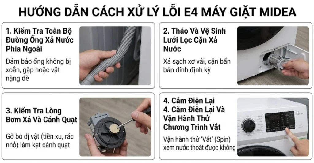 Hướng dẫn cách xử lý lỗi E4 máy giặt Midea tại nhà từng bước