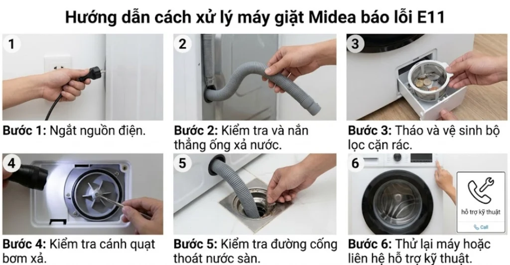 Hướng dẫn cách xử lý máy giặt Midea báo lỗi E11 chuẩn kỹ thuật tại nhà