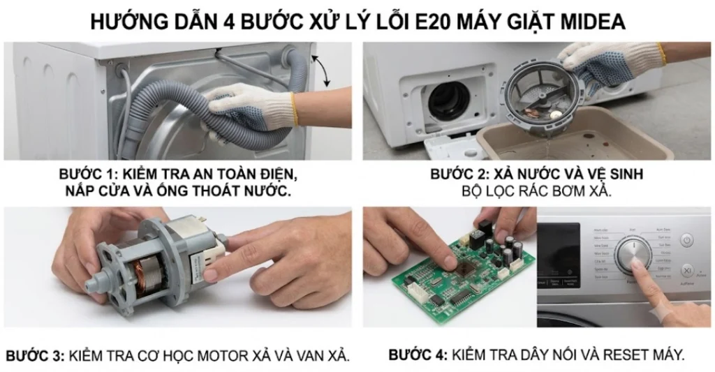 Hướng dẫn xử lý lỗi E20 máy giặt Midea tại nhà