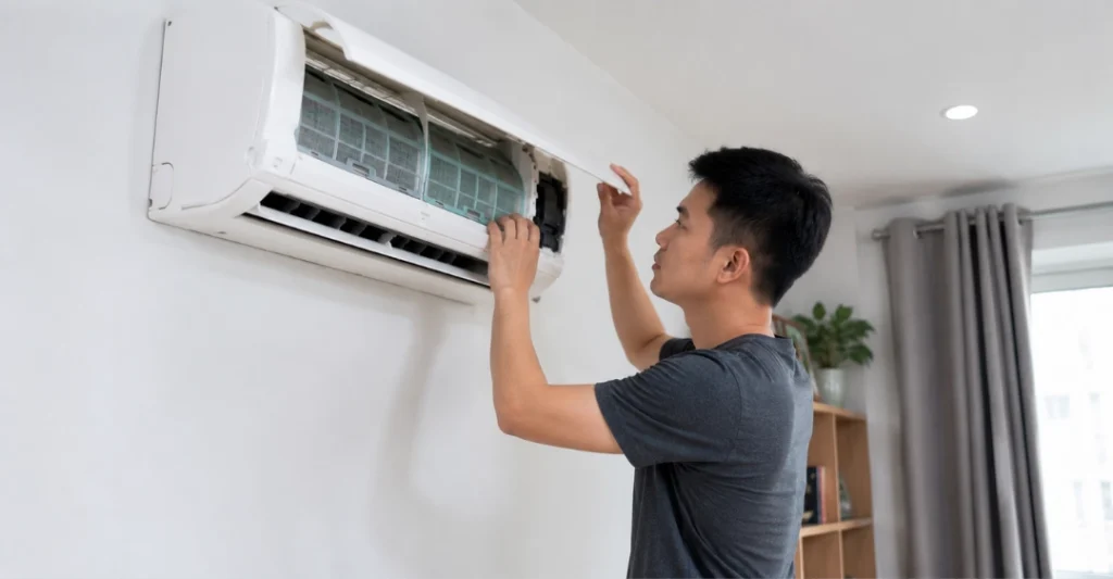 Kỹ thuật viên chuyên nghiệp kiểm tra và sửa chữa bo mạch máy lạnh Aqua bị lỗi
