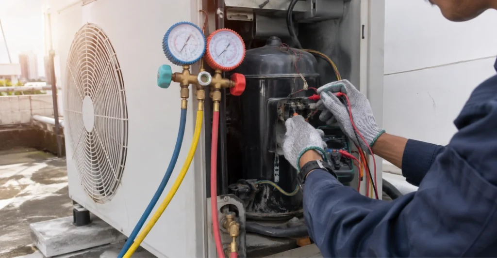 Đo điện trở máy nén và kiểm tra áp suất gas bằng đồng hồ chuyên dụng trên máy lạnh Aqua