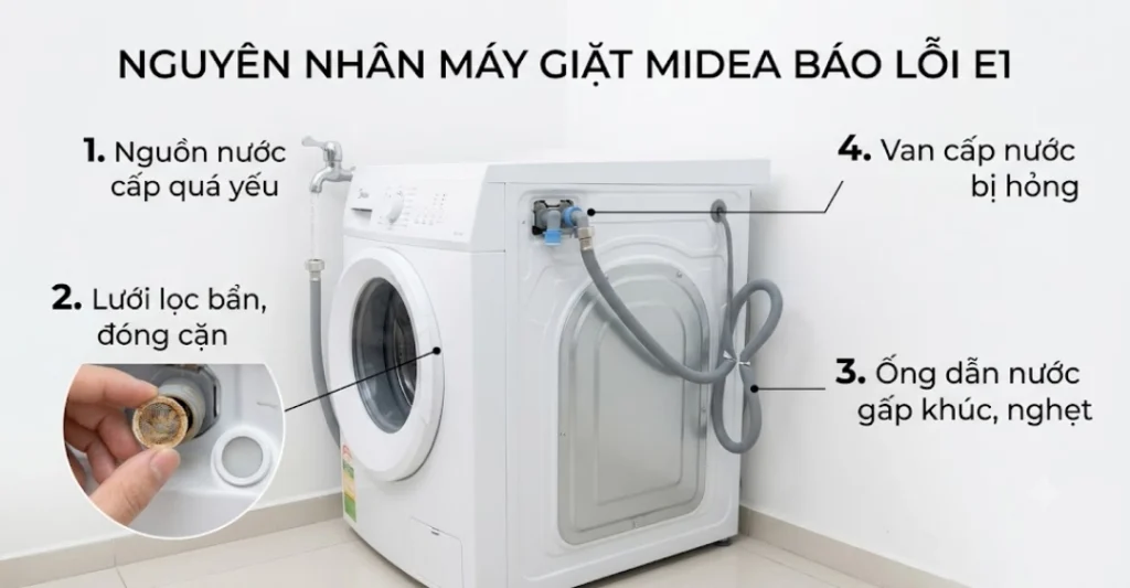 Nguyên nhân phổ biến khiến máy giặt Midea báo lỗi E1