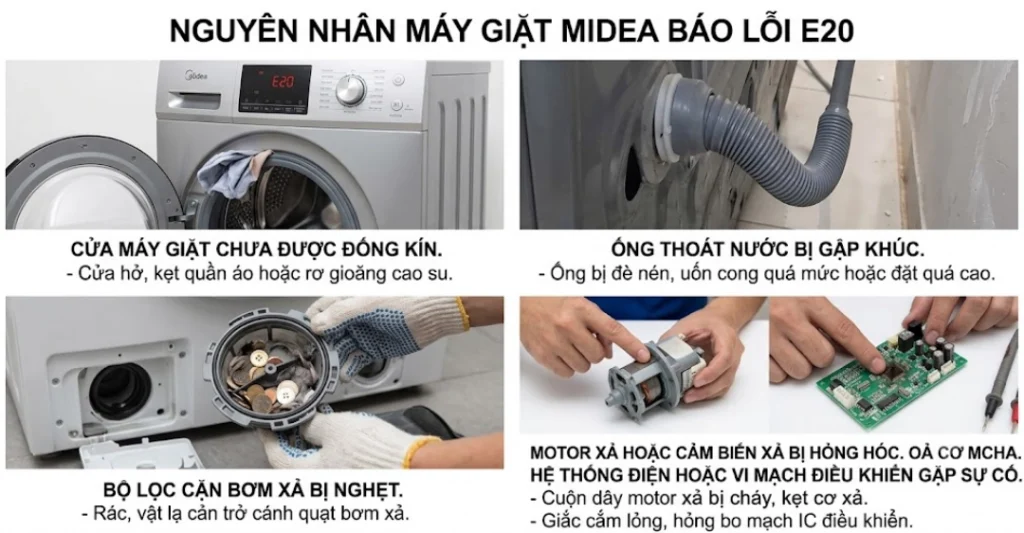 Nguyên nhân khiến máy giặt Midea báo lỗi E20 thường gặp nhất