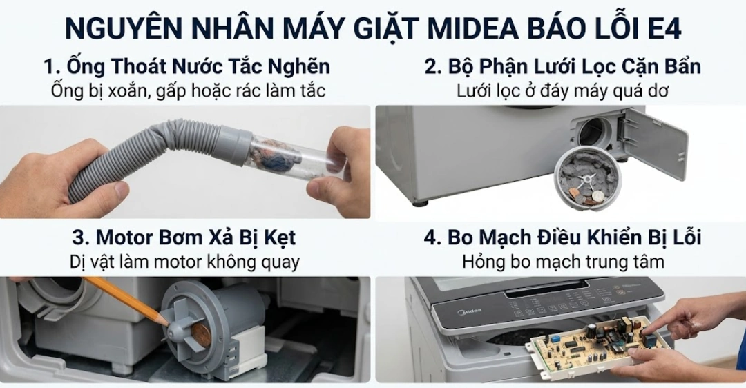 Các nguyên nhân phổ biến gây ra lỗi E4 ở máy giặt Midea