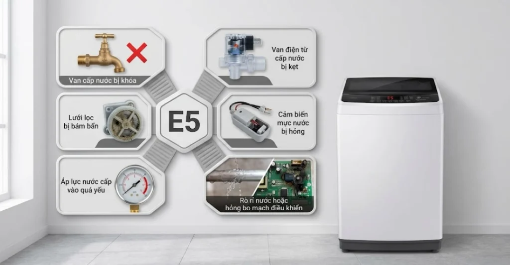 Nguyên nhân phổ biến khiến máy giặt Midea báo lỗi E5