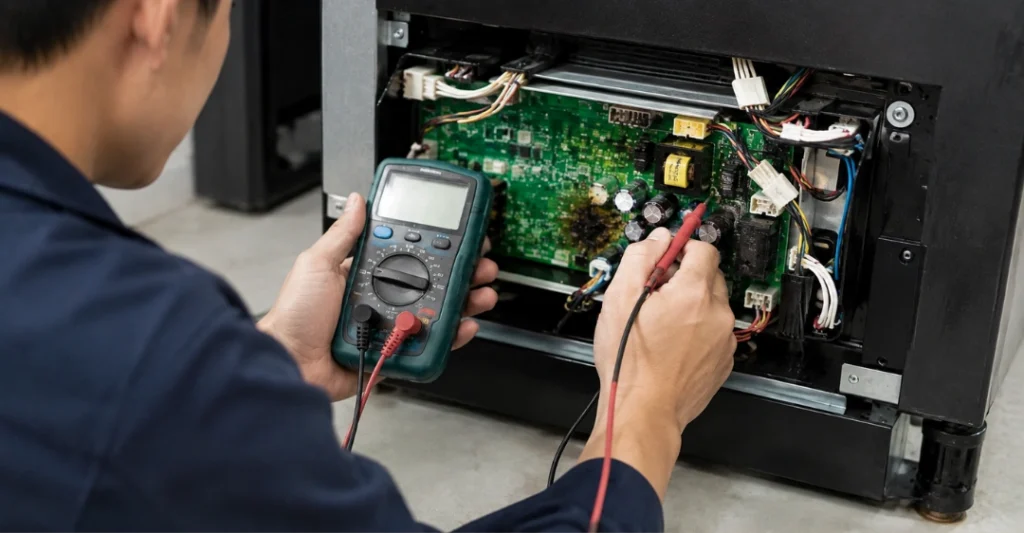 Kỹ thuật viên kiểm tra bo mạch điều khiển công suất tủ lạnh Hitachi