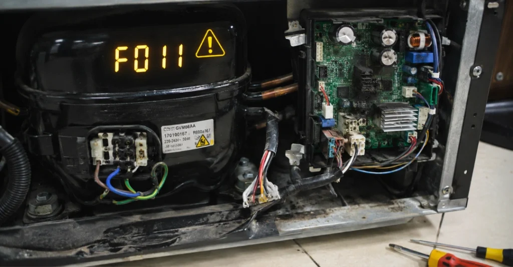Các linh kiện máy nén và bo mạch inverter phía sau tủ lạnh Hitachi bị hư hỏng