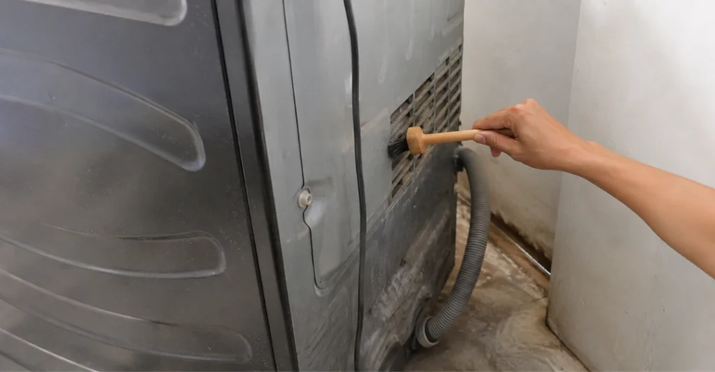 Dùng chổi mềm vệ sinh các khe thoát nhiệt phía sau máy giặt Sharp