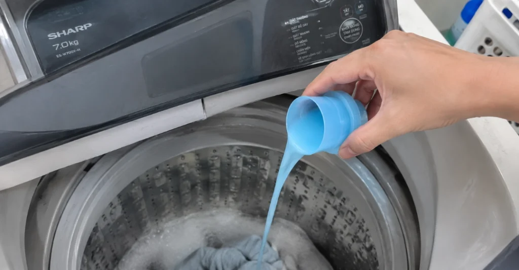 Đổ nước xả vải vào lồng giặt Sharp để làm tan bọt xà phòng dư thừa