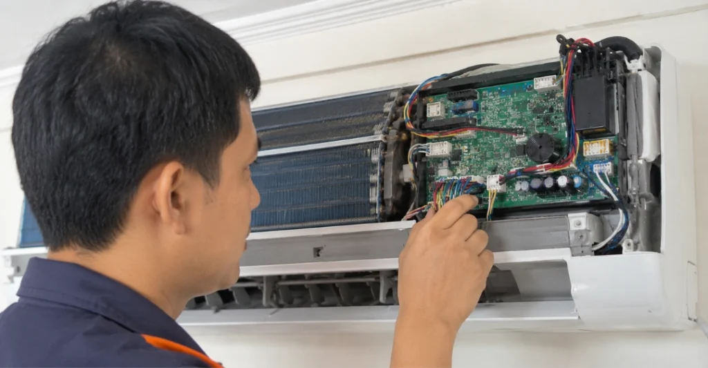 Kiểm tra các giắc cắm tín hiệu và dây điện bên trong bo mạch dàn lạnh Aqua