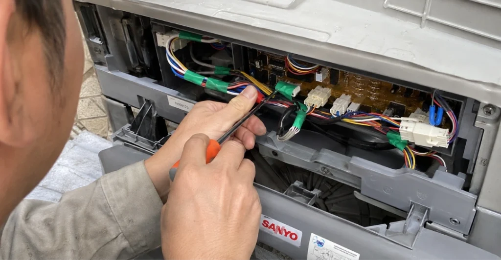 Kiểm tra đường dây tín hiệu từ bo mạch đến phao áp lực máy giặt Sanyo