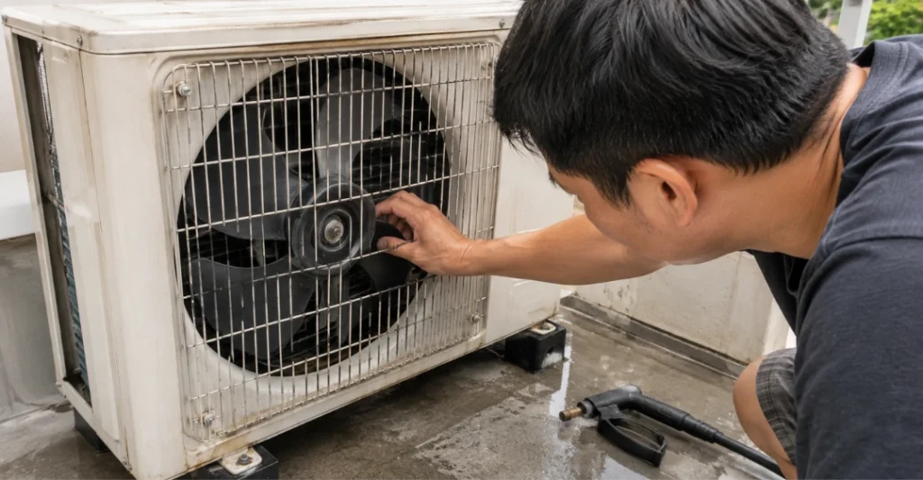 Dùng tay quay kiểm tra cánh quạt và chuẩn bị vệ sinh dàn nóng máy lạnh Aqua