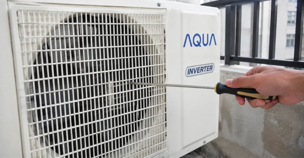 Dùng tua vít kiểm tra cánh quạt dàn nóng máy lạnh Aqua
