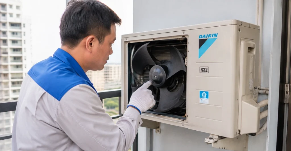 Kỹ thuật viên kiểm tra dàn nóng ngoài trời để xử lý lỗi LC máy lạnh Daikin