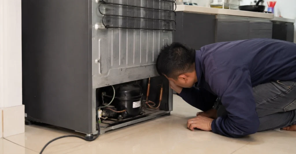Người dùng áp tai vào máy nén phía sau tủ lạnh Hitachi để kiểm tra âm thanh hoạt động