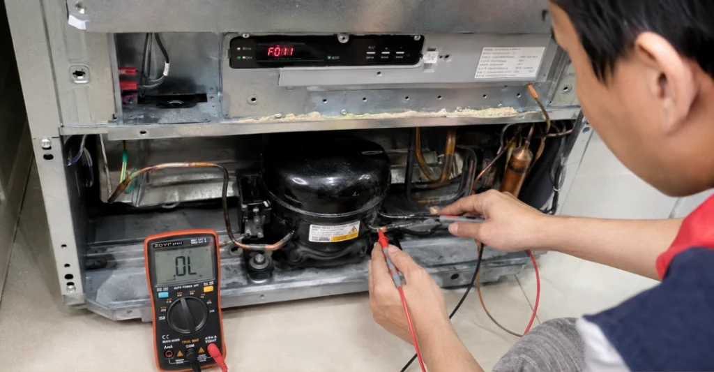 Kiểm tra máy nén để khắc phục lỗi F011 trên tủ lạnh Hitachi