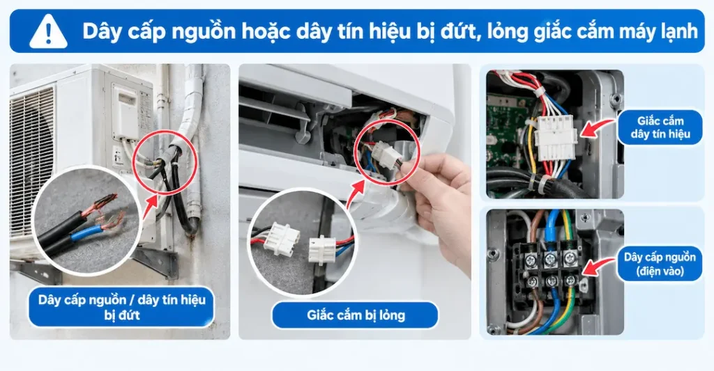 Dây cấp nguồn hoặc dây tín hiệu bị đứt, lỏng giắc cắm