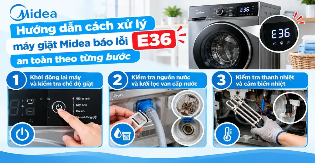 Hướng dẫn cách xử lý máy giặt Midea báo lỗi E36 an toàn theo từng bước
