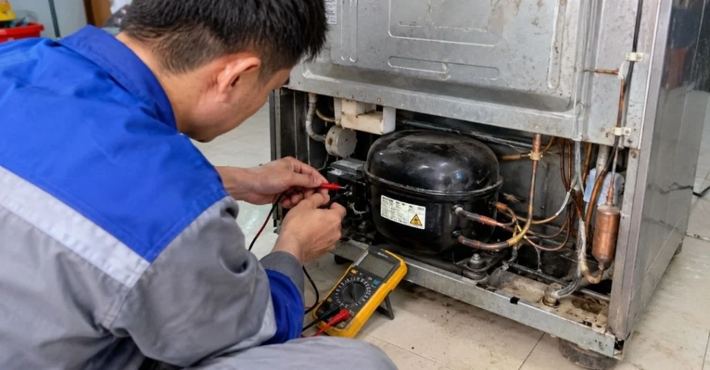 Kỹ thuật viên kiểm tra máy nén tủ lạnh Hitachi bị hỏng