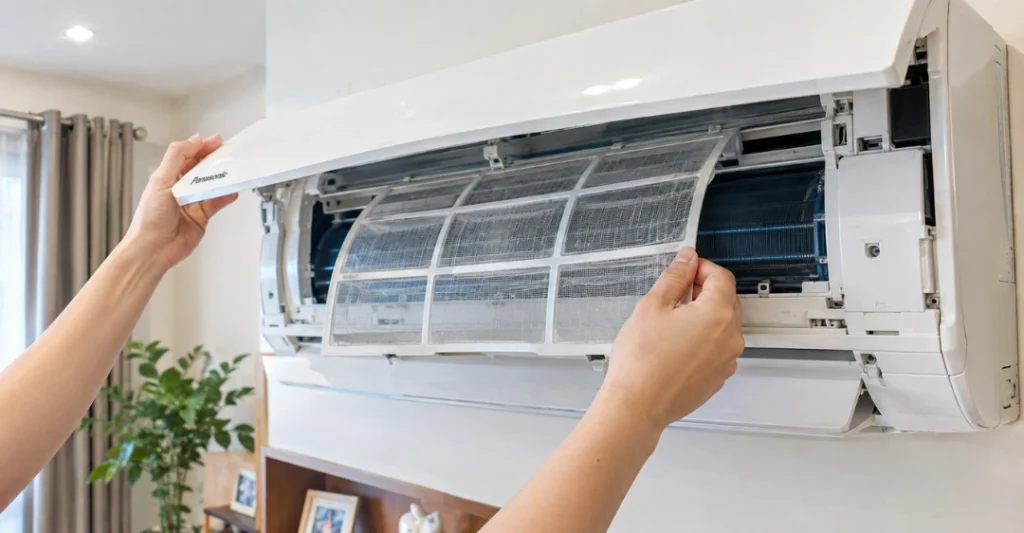 Mở nắp dàn lạnh và tháo hai tấm lưới lọc bụi của máy lạnh Panasonic để vệ sinh