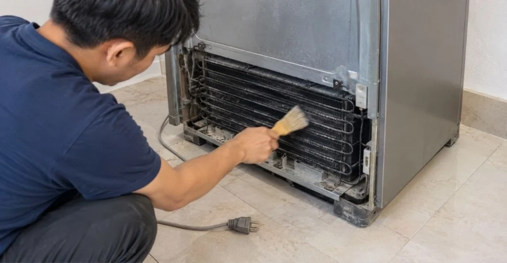 Vệ sinh bụi bẩn bám trên dàn nóng phía sau tủ lạnh Hitachi