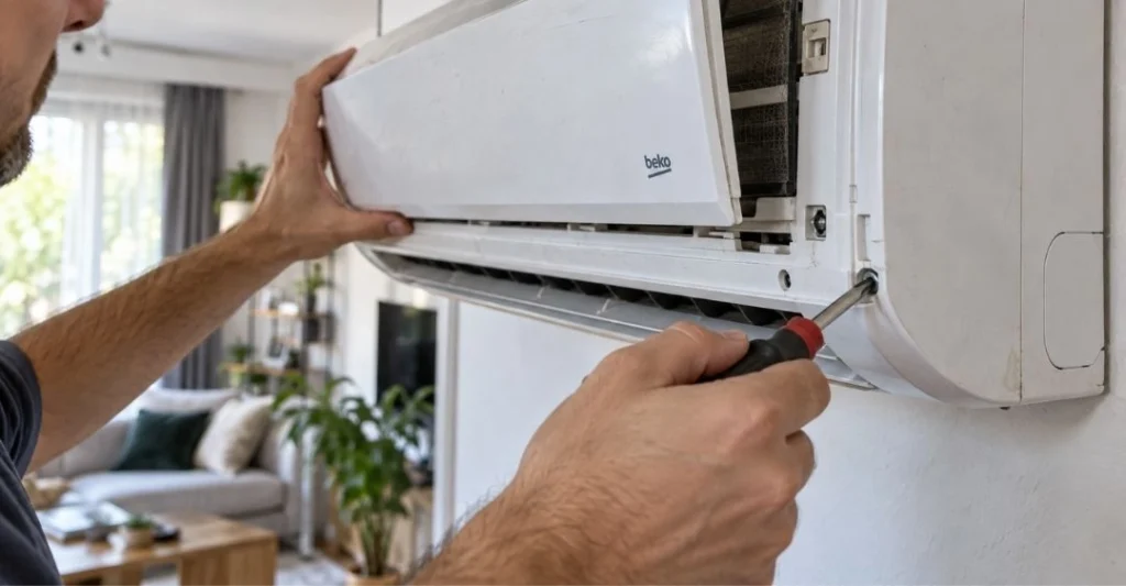 Tháo vỏ mặt nạ dàn lạnh máy lạnh để kiểm tra an toàn