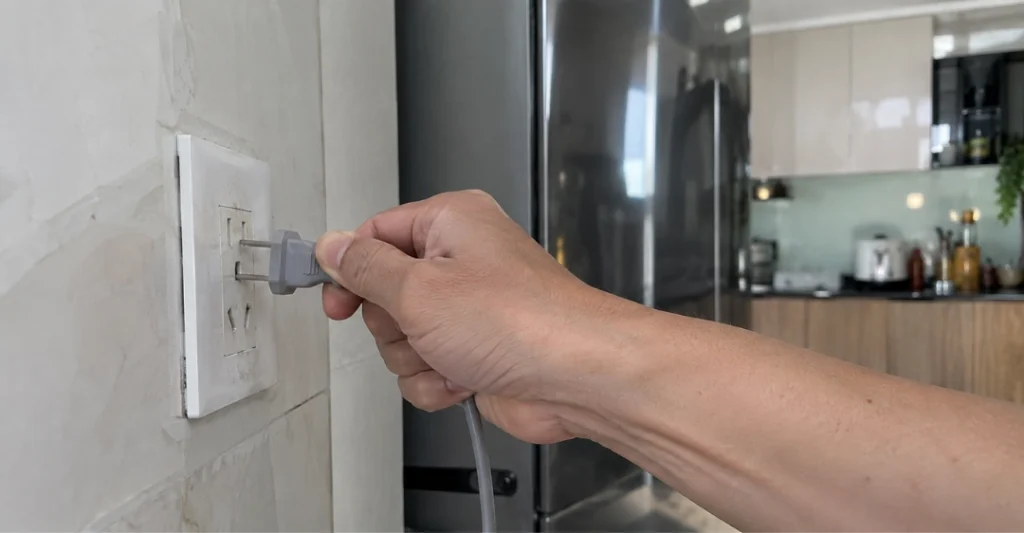Rút phích cắm điện tủ lạnh Hitachi an toàn bằng tay khô
