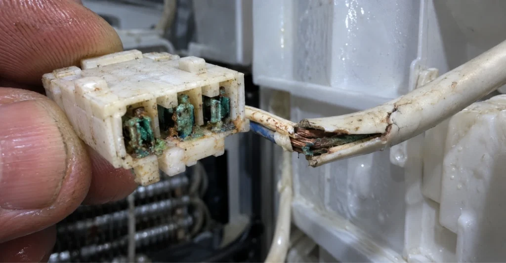 Giắc cắm cảm biến nhiệt độ tủ lạnh Hitachi bị oxy hóa và đứt dây tín hiệu