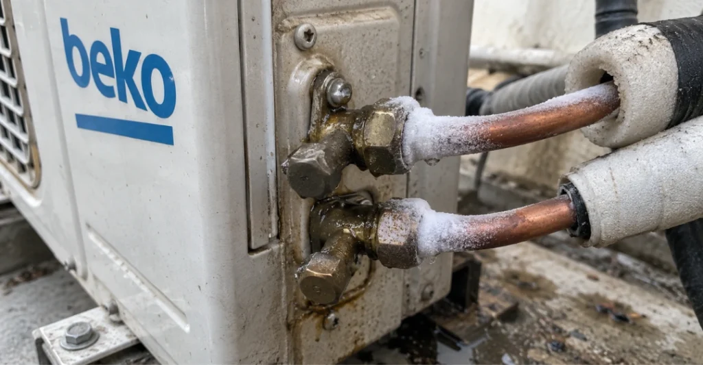 Dấu hiệu ống đồng máy lạnh Beko bị bám tuyết trắng do thiếu gas