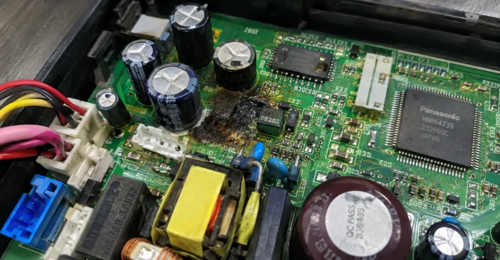 Board mạch điều khiển trung tâm tủ lạnh Panasonic gặp sự cố chập cháy linh kiện