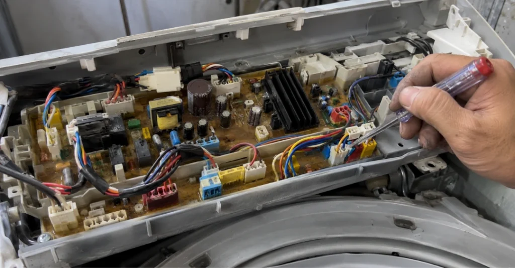 Tháo nắp máy giặt Panasonic để kiểm tra bo mạch và hệ thống giắc cắm điện bên trong