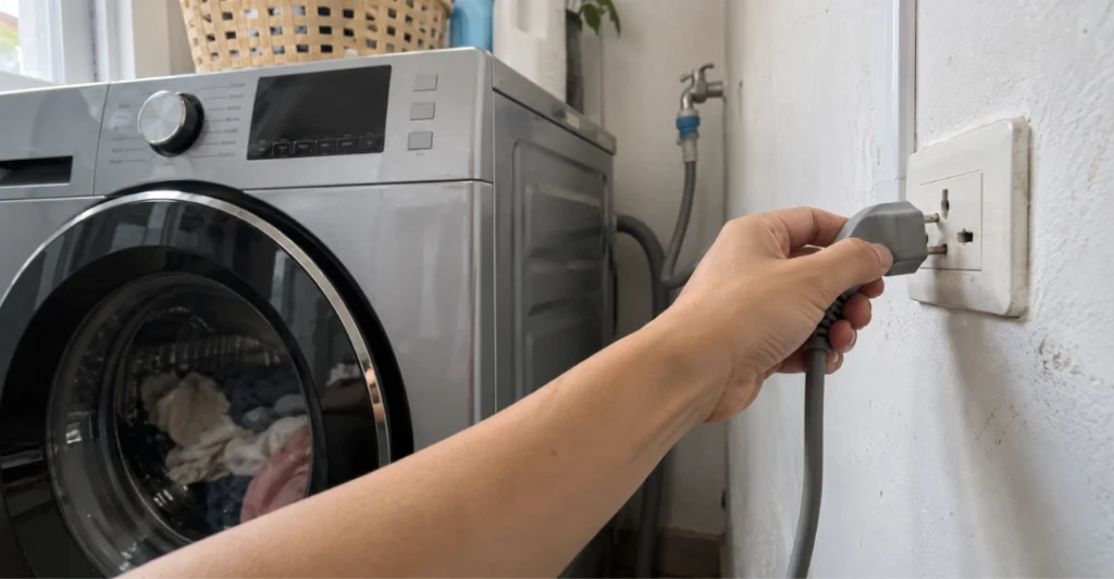 Rút phích cắm máy giặt Panasonic để kiểm tra an toàn tại nhà