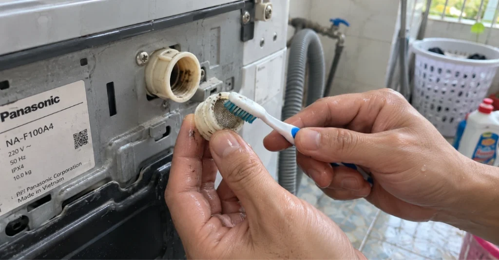 Vệ sinh lưới lọc van cấp nước máy giặt Panasonic