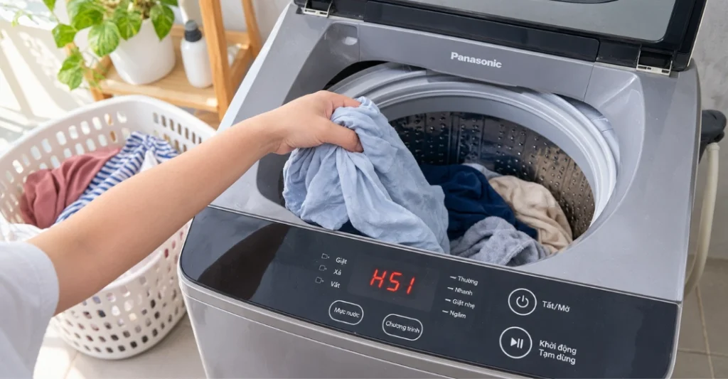 Lấy bớt quần áo ra khỏi lồng giặt máy giặt Panasonic để khắc phục tình trạng quá tải đồ