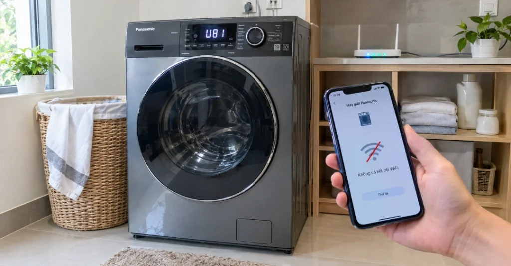 Màn hình điện thoại hiển thị mất kết nối Wifi bên cạnh máy giặt Panasonic báo lỗi U81